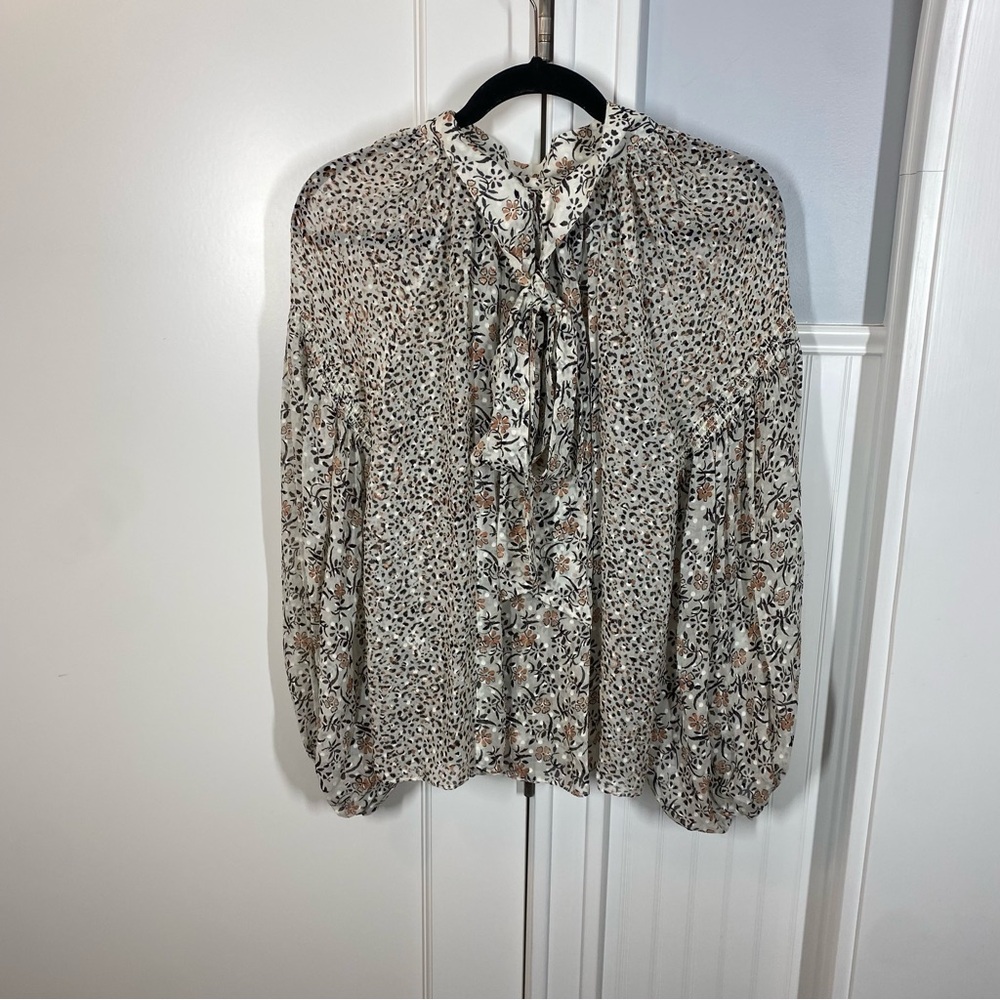 Ulla Johnson Cream Floral Smocked High-Neck Blouse - Picture 5 of 10